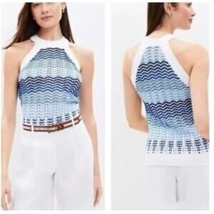 LOFT Blue White Coastal Knit Tank Top 100% Cotton Sleeveless Size S